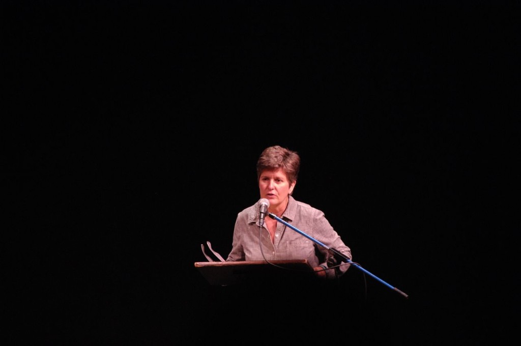 Principal Laura Danforth adresses the school. Photo by Jacob Cader.