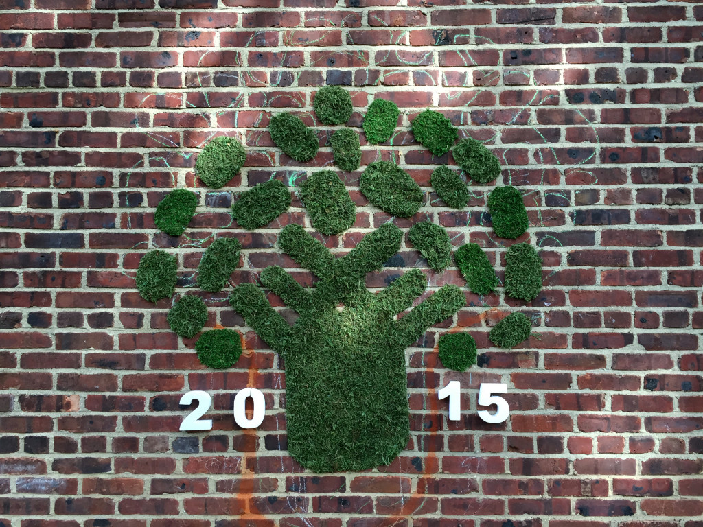 Photo by David Fishman: Class of 2015 tree designed by Gabe Fields (VI) that is pasted onto the building at the bottom of the Senior Grass