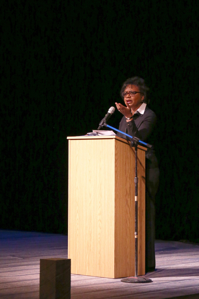 Photo by Jacob Cader: Anita Hill speaks to the Fieldston community at the Gender assembly